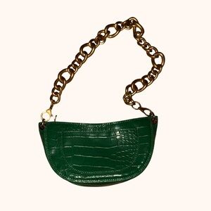 Green Croc-Embossed Bag with Gold Chain
